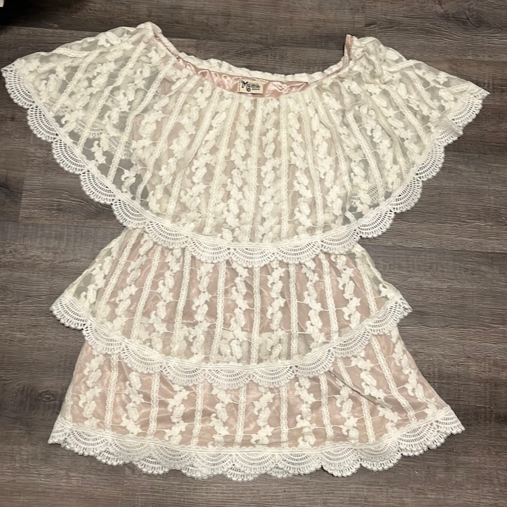 Show Me Your Mumu white lace off shoulder dress